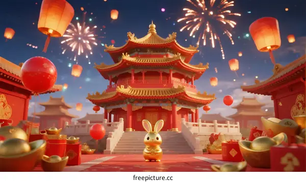 Golden Rabbit with Fireworks in Traditional Chinese Architecture