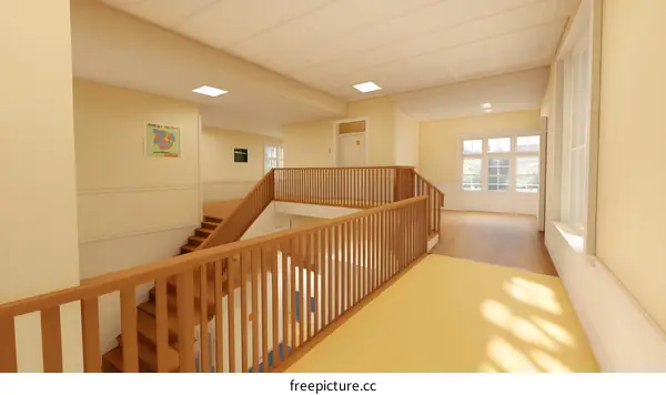 Interior Design of a School Hallway with Wooden Stairs and Railing