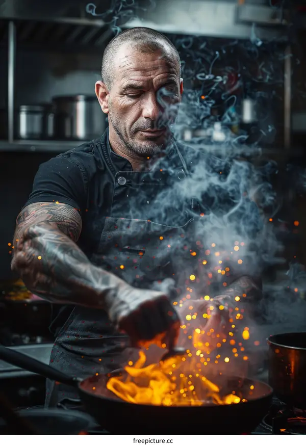 Tattooed chef cooking with fire in the kitchen