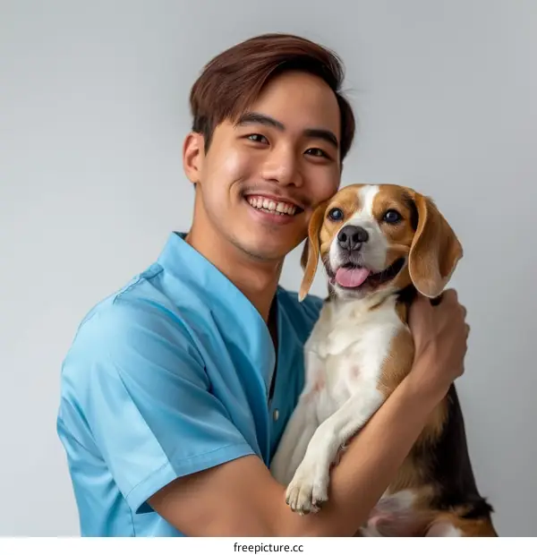 Asian male veterinarian hugging a beagle