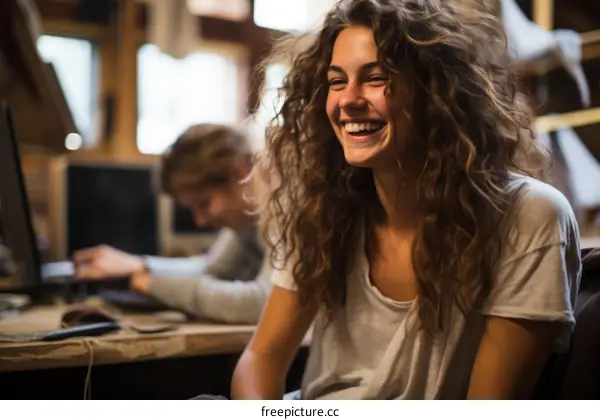 Portrait of a young woman with curly hair smiling
