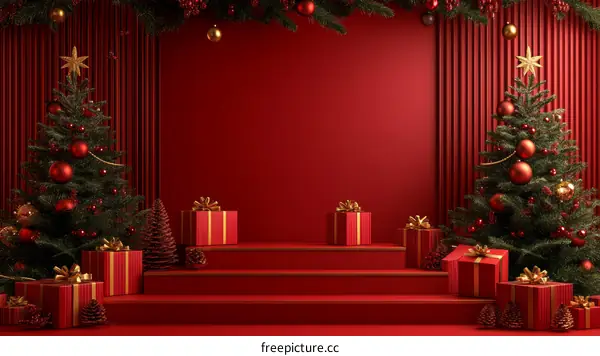 Christmas Red Stage with Trees and Gifts