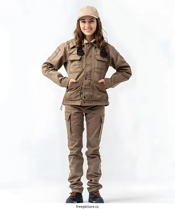 portrait of a young woman in a brown uniform