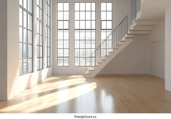 Modern Minimalist Interior Design Staircase and Large Windows