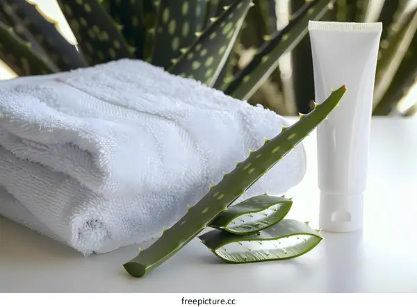 Aloe Vera Plant Leaves and Cream on a White Towel