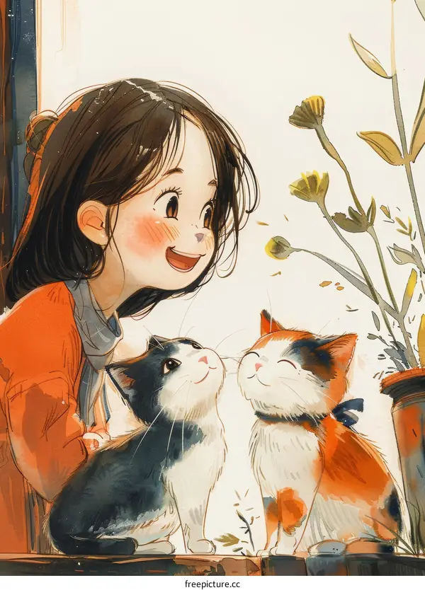 An illustration of a girl with two cats