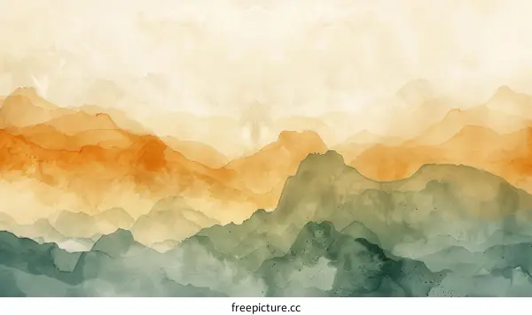 Green and orange watercolor landscape painting of mountains