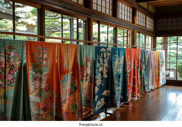A row of colorful kimono on display in a traditional Japanese room