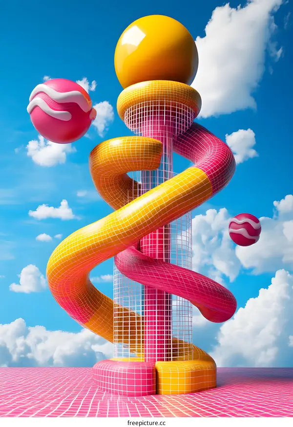 Abstract 3D Illustration with Yellow and Pink Spiral Slide and Balls
