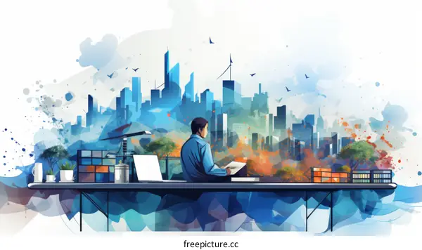 Businessman working on a project with a cityscape in the background