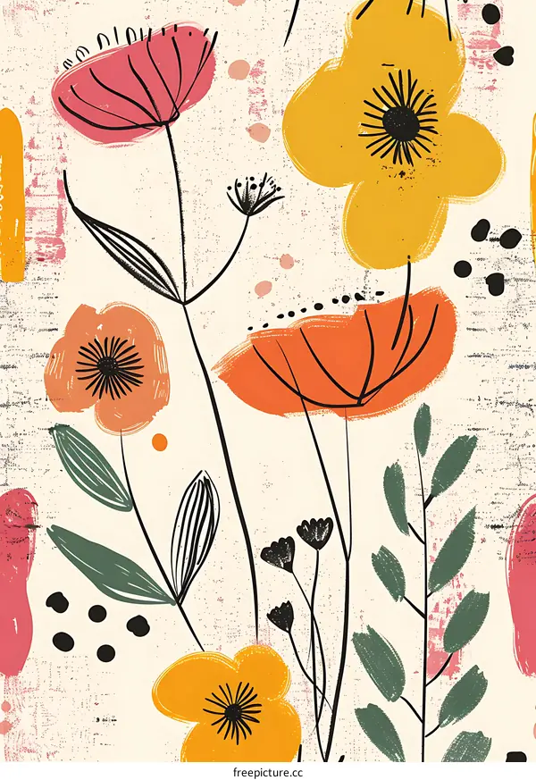 Abstract Floral Illustration With Yellow, Orange, Pink And Green Colors