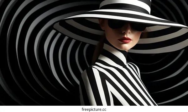 Black and white portrait of a woman wearing a striped hat and sunglasses