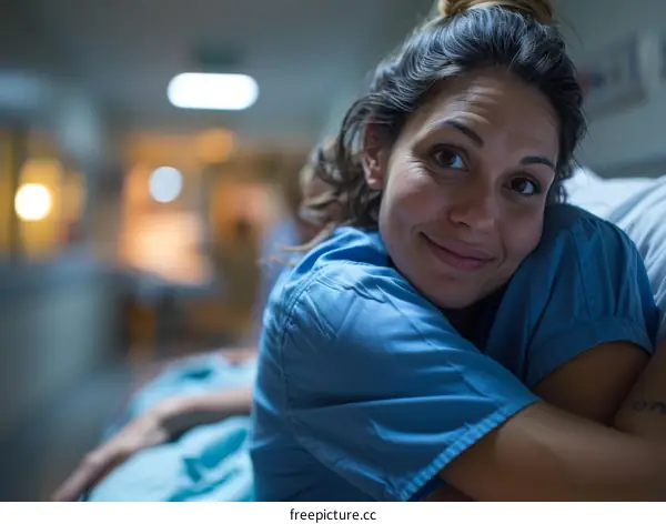 A smiling young female nurse hugging a patient in a hospital room