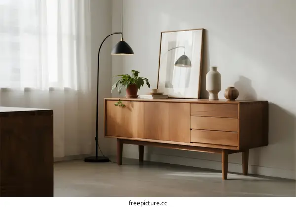 Modern wooden sideboard with decor in a bright living room