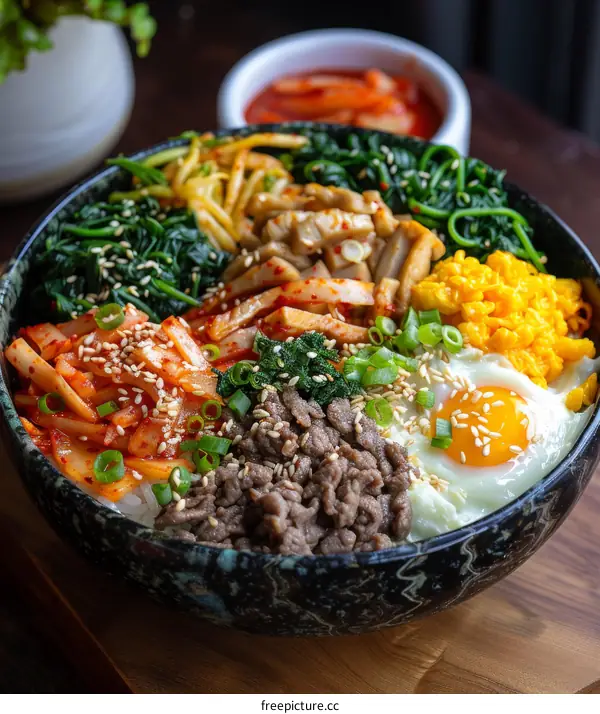 Korean Bibimbap with Rice, Beef, Egg, and Vegetables