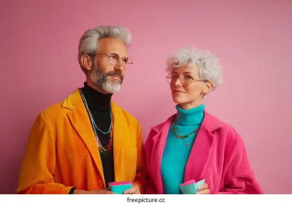 Stylish Senior Couple in Vibrant Coats