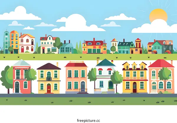 Colorful Illustration of a Suburban Neighborhood with Houses and Trees