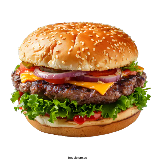 [Transparent Background PNG]Delicious burger with cheese, lettuce, tomato, onion and pickles on a sesame seed bun