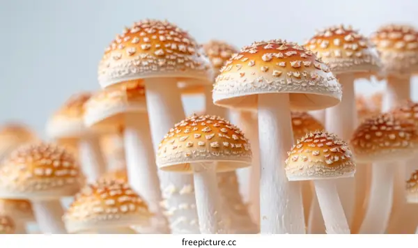 A cluster of orange Amanita muscaria mushrooms