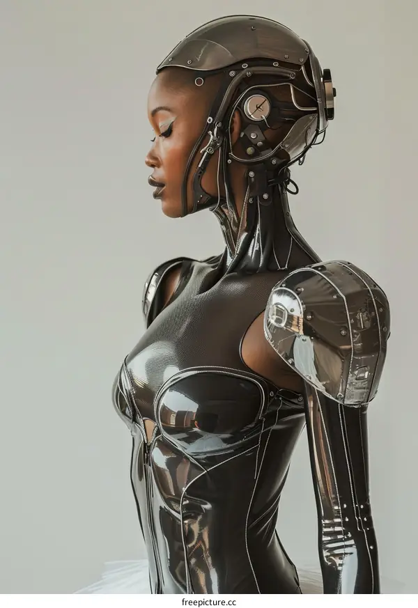 Portrait of a black female cyborg wearing a futuristic suit