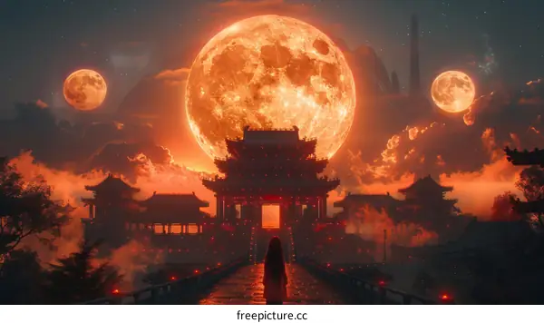 The red moon is rising above the ancient Chinese architecture
