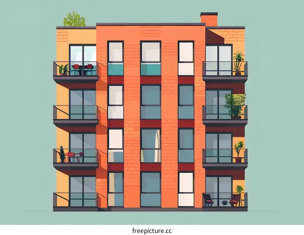 Modern Brick Apartment Building with Balconies Illustration