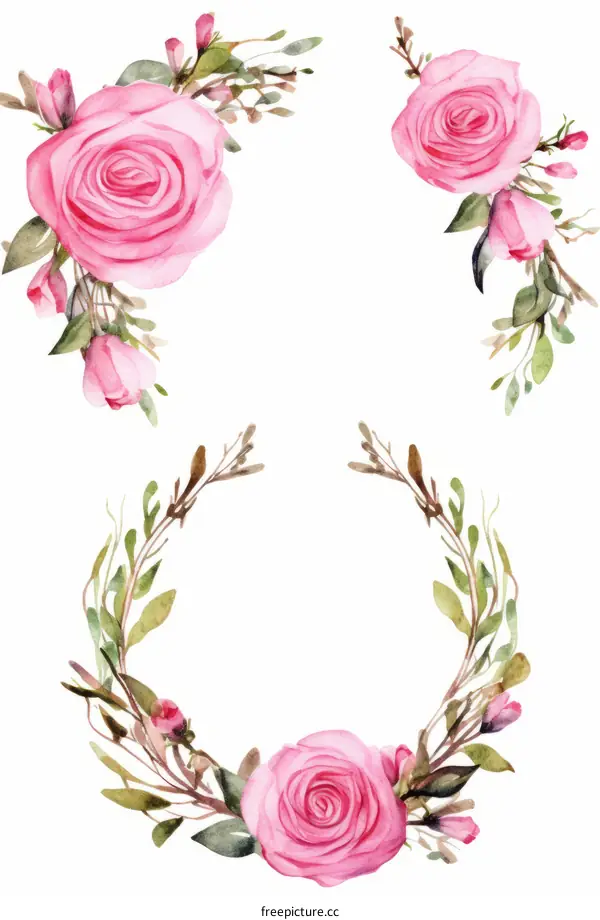 Pink roses and green leaves watercolor illustration