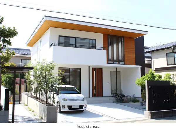 Modern White House with Wooden Accents and a Car in the Driveway