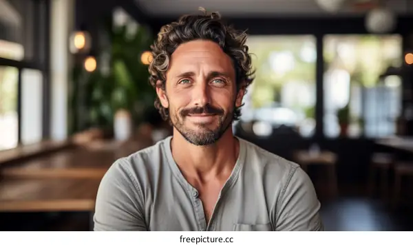 Portrait of a man with curly hair and blue eyes