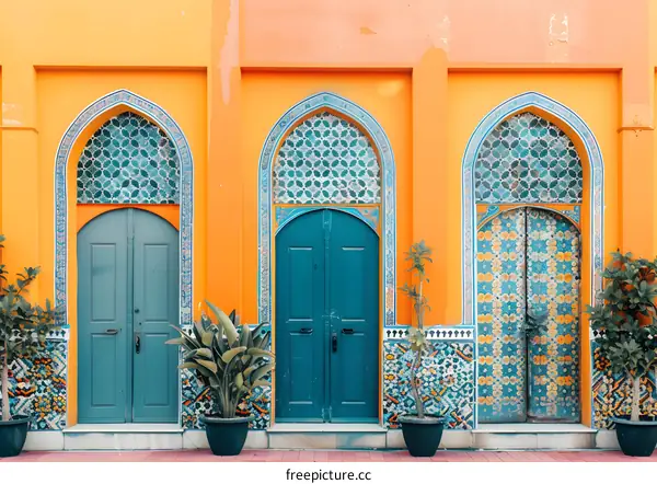 Three Blue Doors with Intricate Tilework on an Orange Building