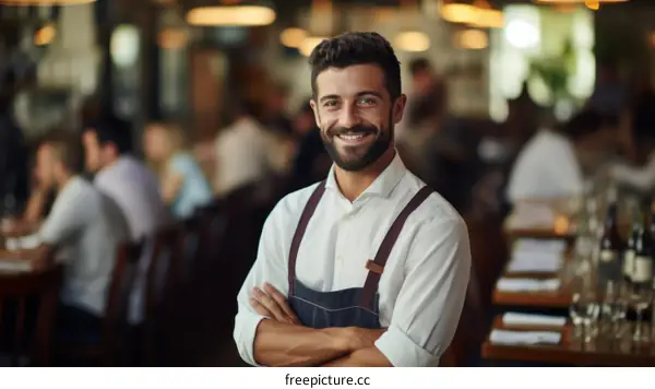 Confident waiter standing with arms crossed in restaurant