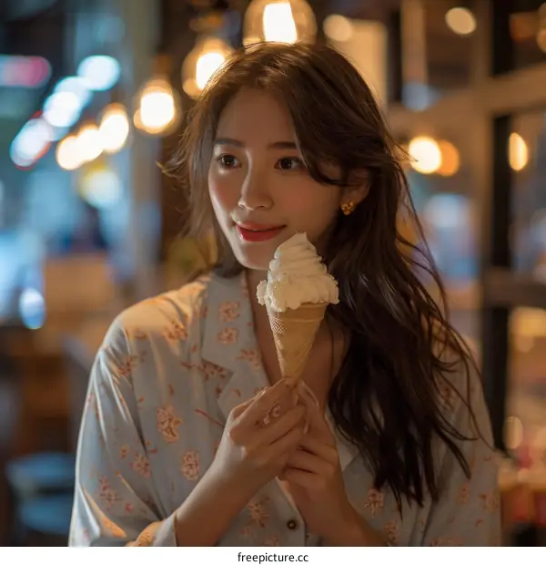 Portrait of a young woman eating an ice cream cone