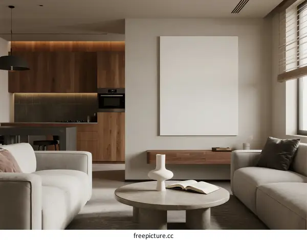 Modern minimalist living room with neutral color scheme and natural light