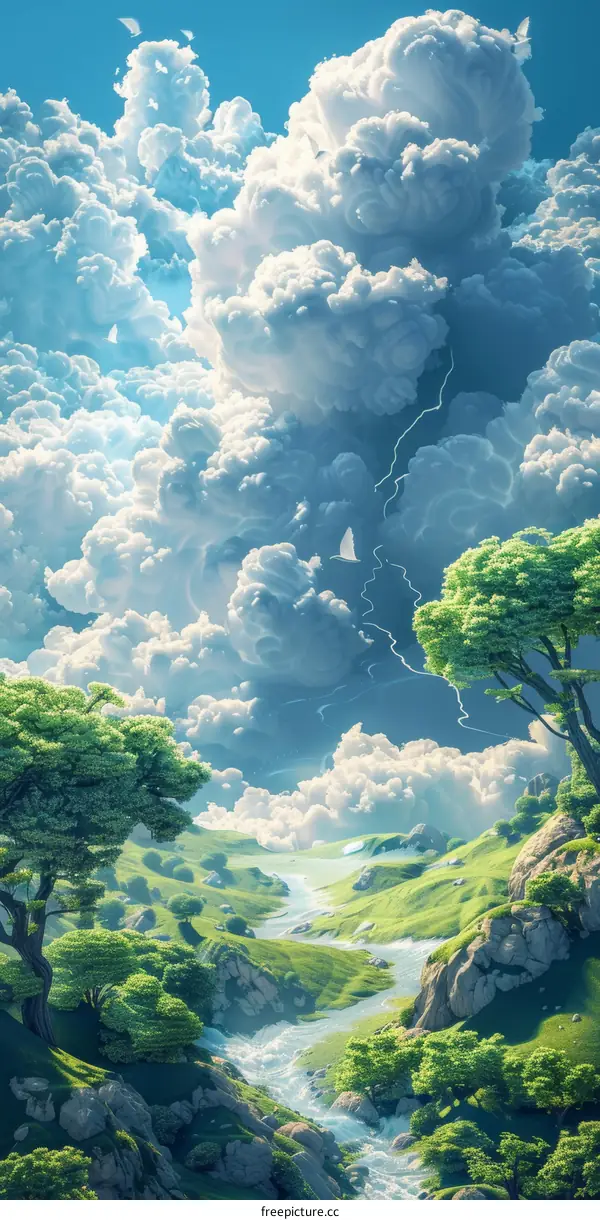 Serene Green Valley with River and Trees under Cloudy Sky