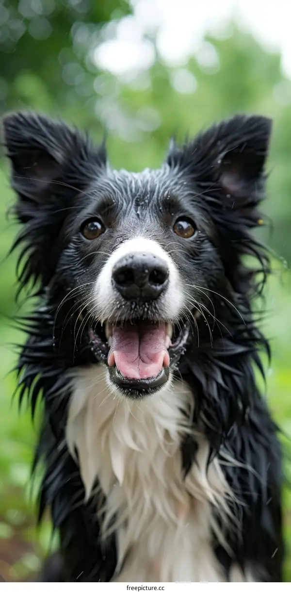 A wet Border Collie dog looking at the camera with a happy expression on its face