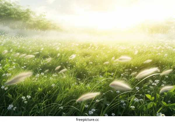 Tranquil Scenery of a Grassland with White Flowers Under the Gentle Sunlight