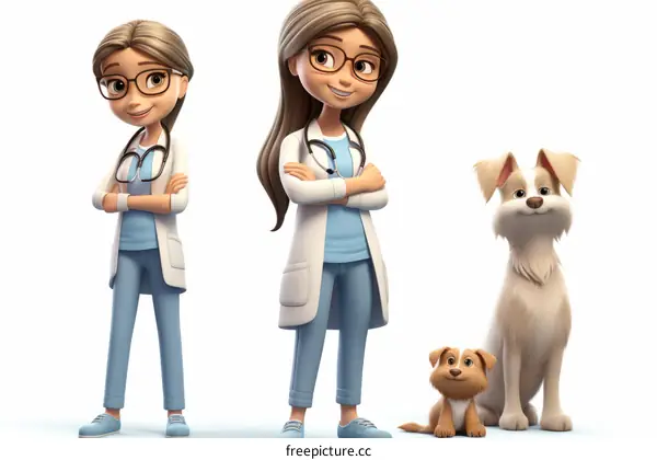 Two female veterinarians with a dog and a puppy