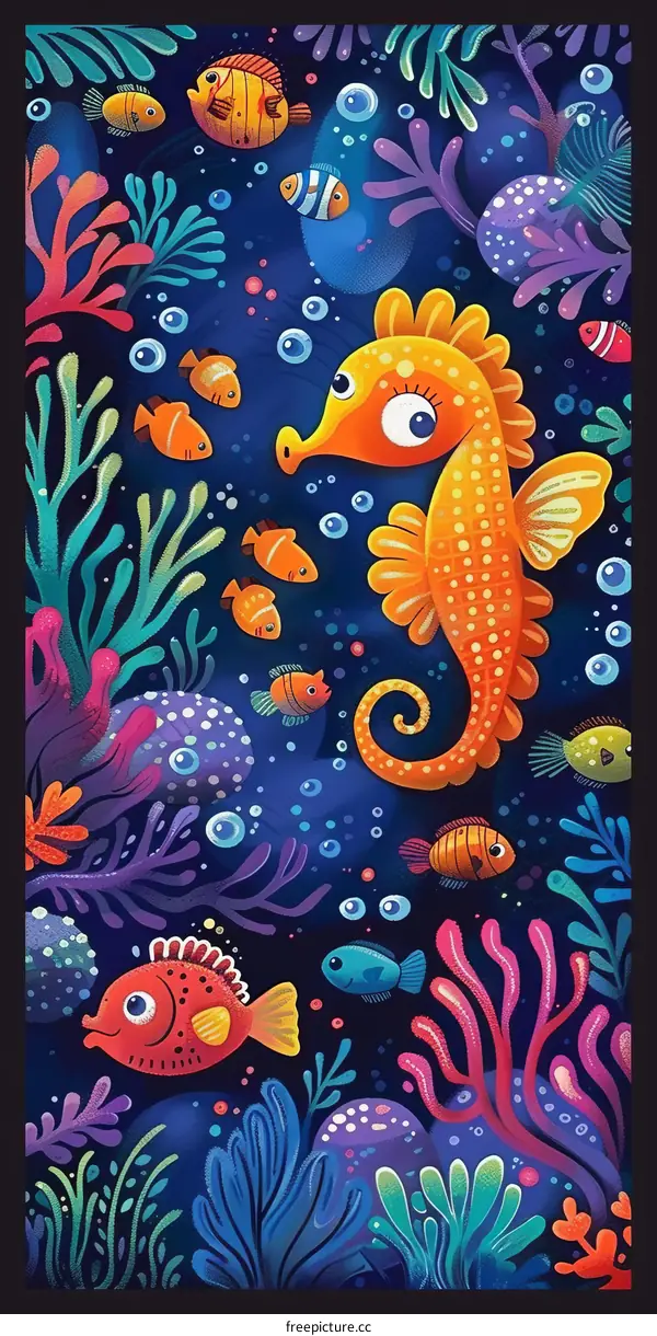 Undersea friends gather around a curious orange seahorse