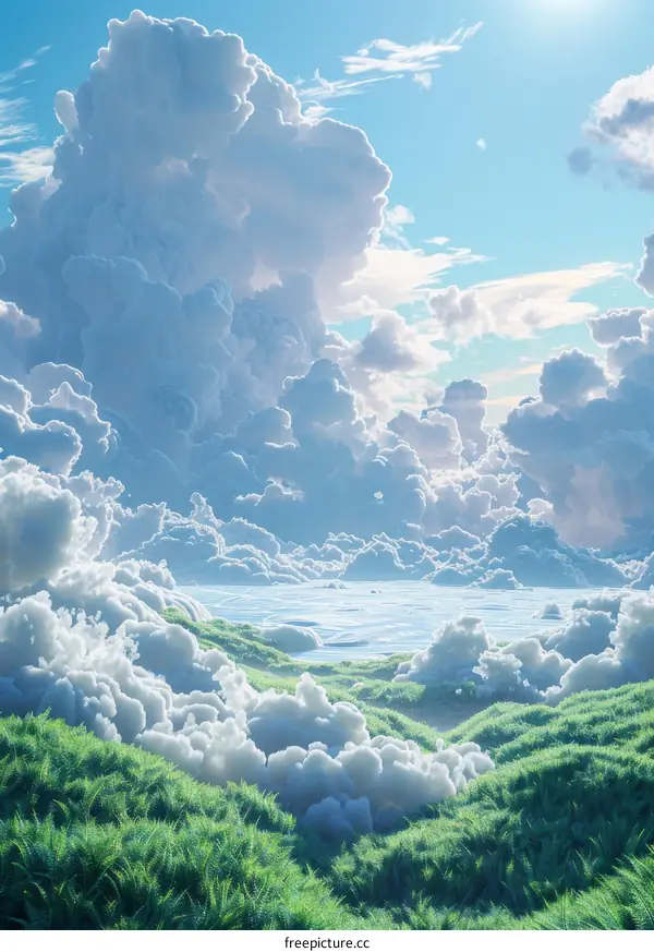 Fantastic Cloud Field Over a Lush Meadow