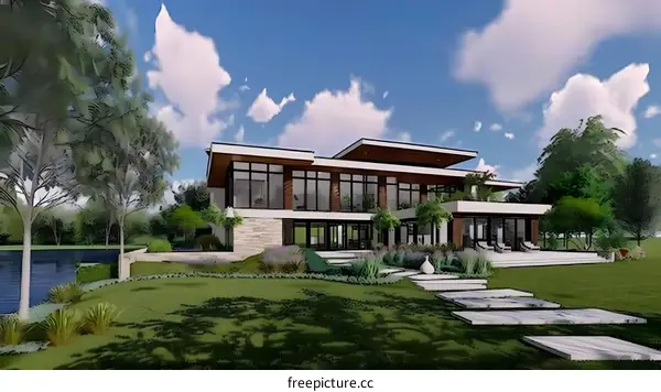 Modern House Design With Large Windows And Green Lawn