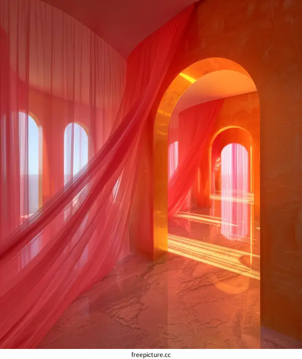 Pink and orange surreal interior space with flowing curtains