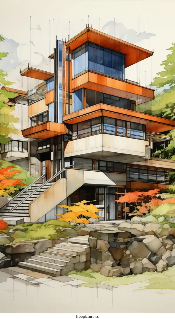 A Modern House with a Terrace and Stairs