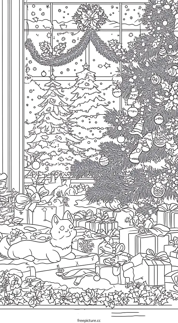 Christmas Coloring Page with Dog and Presents