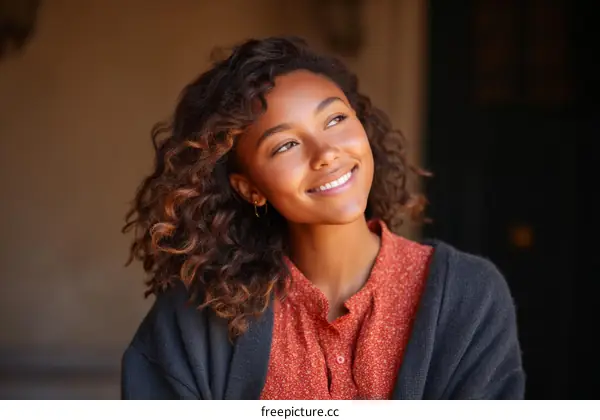 Smiling Woman with Curly Hair Outdoors
