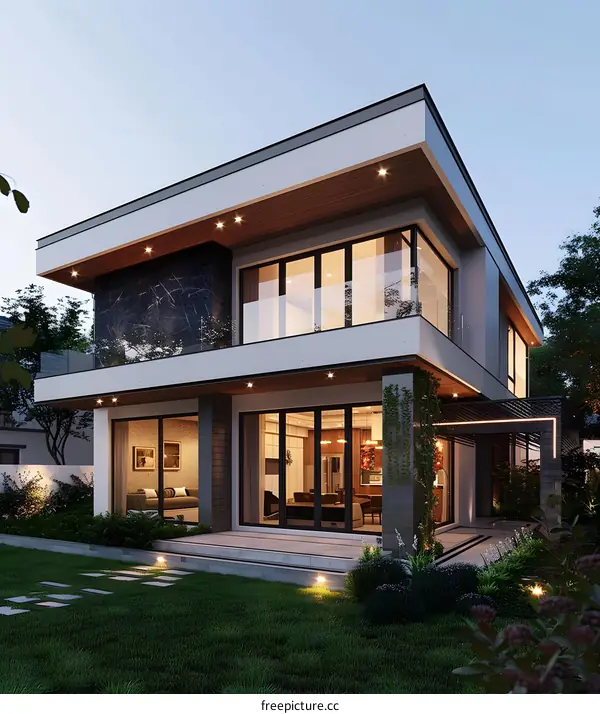 Modern House Design with Large Windows and Green Lawn