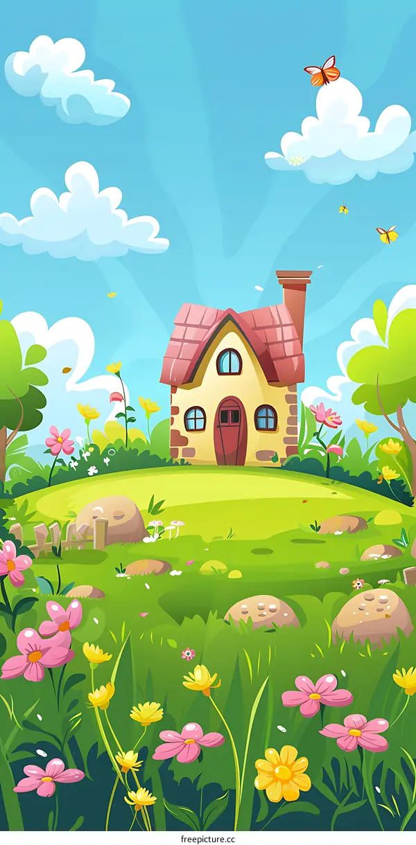 Cute Cartoon House in a Green Meadow with Flowers and Butterflies