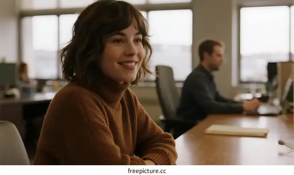 A woman with curly hair sitting in an office environment
