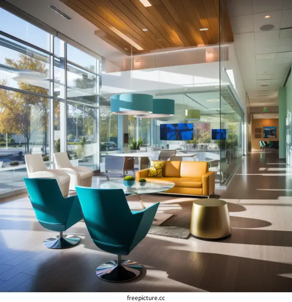 Modern office interior with stylish furniture and large windows