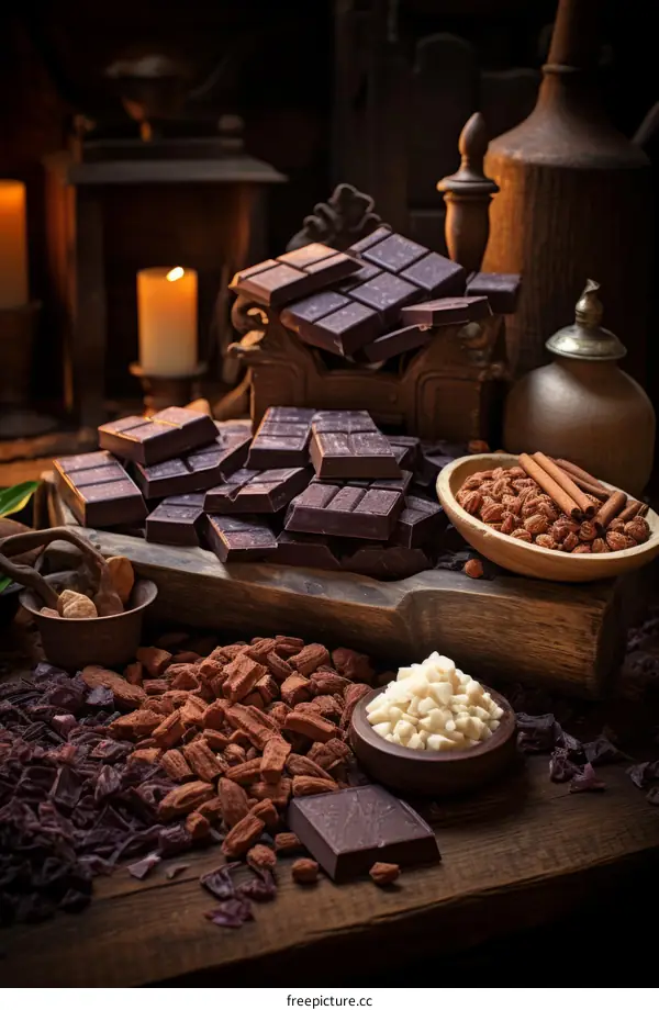 Still life of dark chocolate bars and cocoa beans