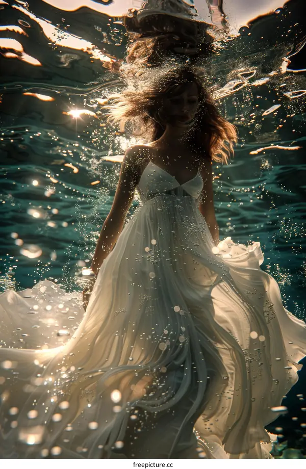 ethereal vision of woman floating in underwater dreamlike scene